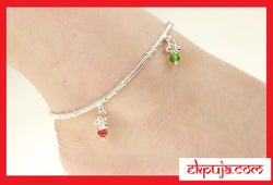 Multi coloured silver diamante stone gems ankle chain Anklet Indian Bollywood style payal pair