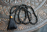 Natural Black Gems Stones Buddhist Prayer Beads Knotted Mala Necklace With Black Tassel