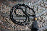 Natural Black Gems Stones Buddhist Prayer Beads Knotted Mala Necklace With Black Tassel