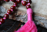Red Sandalwood knotted japa mala 108+1 guru beads - Handmade Red Chandan japa mala - Yoga Meditation sandalwood mala necklace Pink Tassel