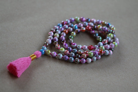 Candy Stripe pink mala - handmade candy stripe necklace fashion jewellery knotted candy necklace pink thread teasel 108 beads mala