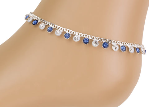 Indian payal anklet bracket pair handmade blue and crystal gems with sound making bells anklets