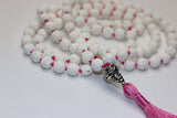 White Lava Mala Tibetan Silver Guru Beads with Pink Silk Tassel Necklace Meditation Yoga Gift Prayer Mala Pink Knotted Necklace