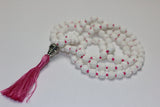 White Lava Mala Tibetan Silver Guru Beads with Pink Silk Tassel Necklace Meditation Yoga Gift Prayer Mala Pink Knotted Necklace