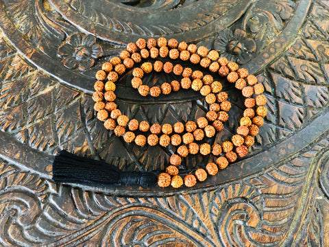 Lord Shiva Rudraksha Japa Mala 108 beads traditional style hand knotted mala purified & blessed - Long Black Tassel / Knots - Tassel Mala