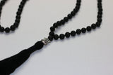 Ekpuja Black Lava Necklace 108 Lava Stone Beads and Lord Ganesh Pendant with Tassel Long Black Silver