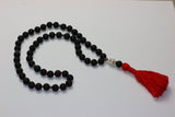 Black Lawa Skull Mala Beads -Black Tassel Long Man&#39;s Necklace - Lava Stone Meditation Mala - 10mm Black Lawa Skull knotted - Natural Jewelry