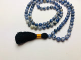 Natural Blue Spot Jasper Gems Stones Buddhist Prayer Beads Knotted Mala Necklace With Black Tassel