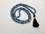 Natural Blue Spot Jasper Gems Stones Buddhist Prayer Beads Knotted Mala Necklace With Black Tassel