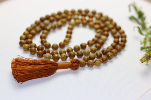 Natural Wood Lace Stone Beads Mala Handmade Knotted Yoga Japa Mala Prayer Necklace Mala