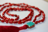 Red Bamboo Coral Gems Stone Handmade Knotted Beads Mala Hindu Necklace Coral with Tibetan Turquoise Guru beads Necklace Yoga mala